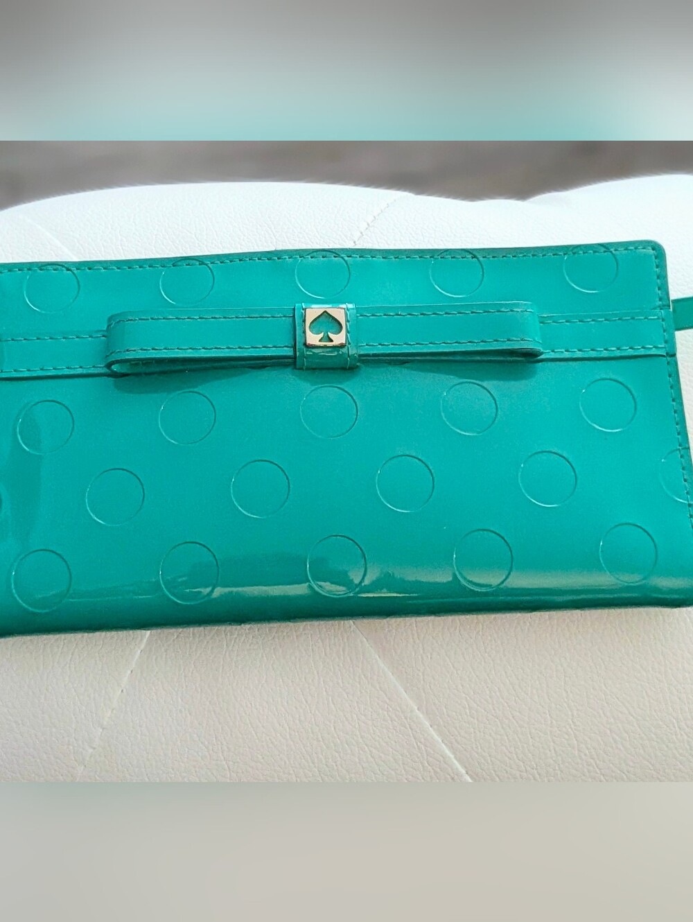 Kate Spade New York Teal Patent Polka Dot Continental Wallet Bow Accent EUC
